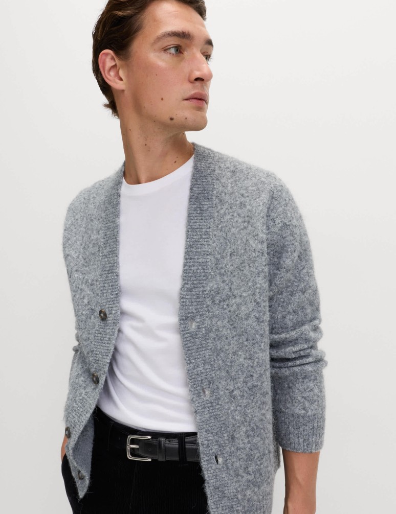 Relaxed Textured V-Neck Cardigan with Wool
