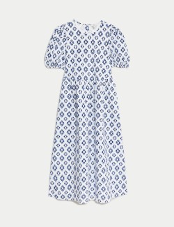 Cotton Rich Printed Puff Sleeve Waisted Dress