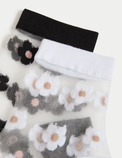 2 páry průsvitných kotníkových ponožek s motivem sedmikrásek