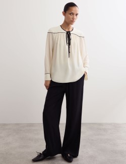 Pure Silk Tie Front Long Sleeve Top
