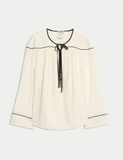 Pure Silk Tie Front Long Sleeve Top