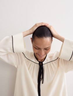 Pure Silk Tie Front Long Sleeve Top