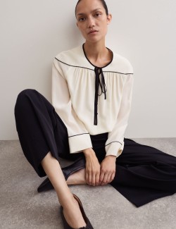 Pure Silk Tie Front Long Sleeve Top