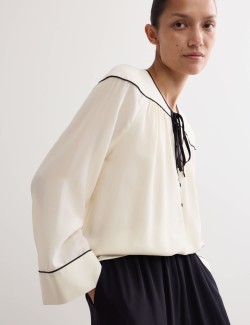Pure Silk Tie Front Long Sleeve Top