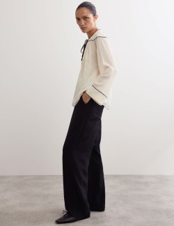 Pure Silk Tie Front Long Sleeve Top