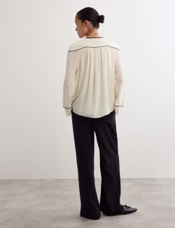 Pure Silk Tie Front Long Sleeve Top