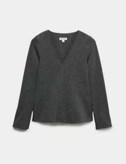 Cotton Blend V-Neck Fitted Top with Wool