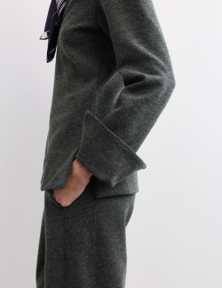 Cotton Blend V-Neck Fitted Top with Wool