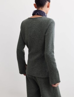 Cotton Blend V-Neck Fitted Top with Wool