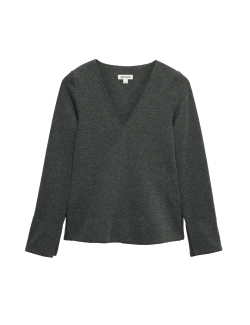 Cotton Blend V-Neck Fitted Top with Wool