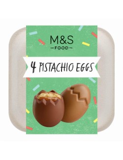 2 vajíčka z mléčné čokolády a 2 vajíčka z bílé čokolády s karamelizovaným cukrem plněná slanou karamelovou náplní, pastou z pist