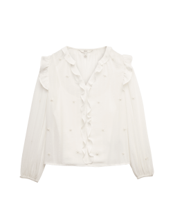 Embellished V-Neck Ruffle Long Sleeve Blouse