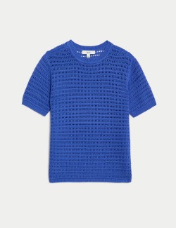 Cotton Rich Crew Neck Textured Knitted Top