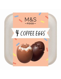 2 vajíčka z mléčné čokolády a 2 vajíčka z hořké čokolády plněná krémovou vanilkovou a kávovou náplní