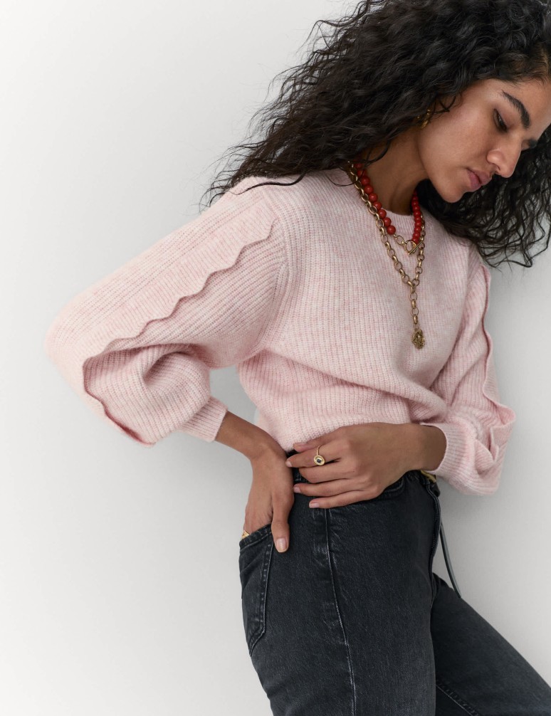 Knitted Scallop Sleeve Trim Jumper