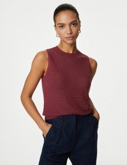 Textured Crew Neck Knitted Vest with Linen