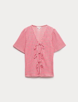 Gingham Textured V-Neck Tie Front Top