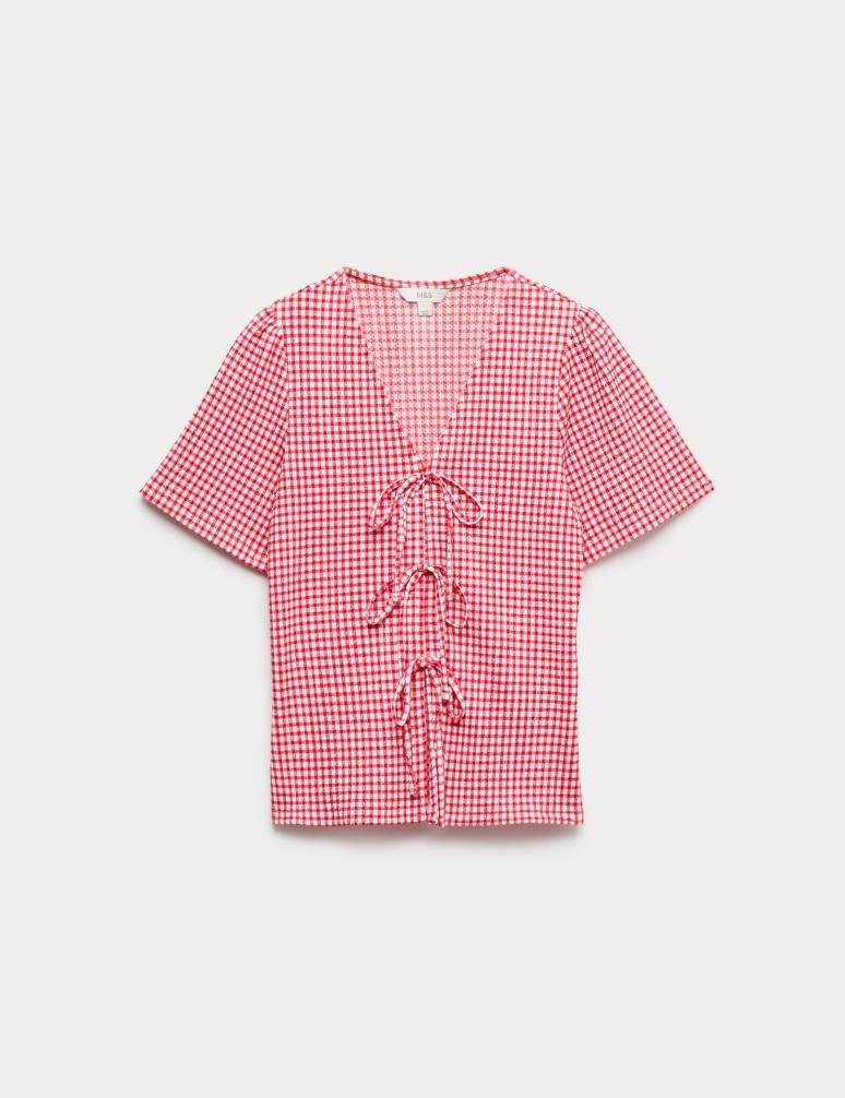 Gingham Textured V-Neck Tie Front Top