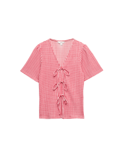 Gingham Textured V-Neck Tie Front Top