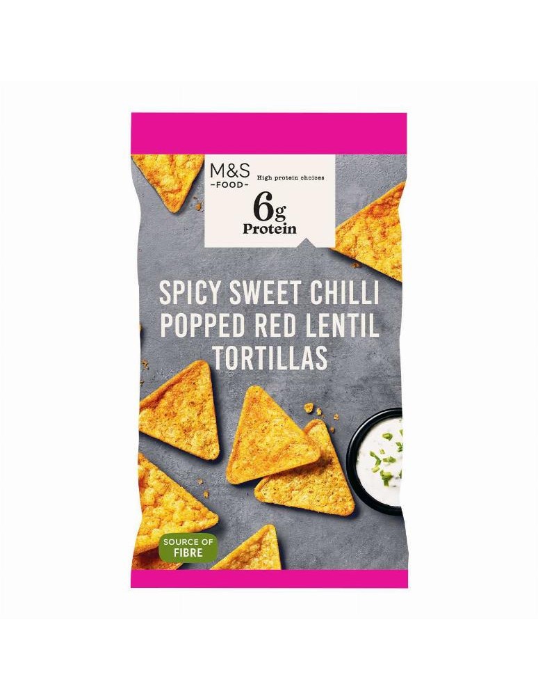 Tortillové lupínky z čočkové mouky ochucené kořenící směsí s příchutí sladkého chilli