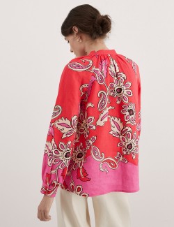 Pure Linen Paisley Crew Neck Relaxed Blouse