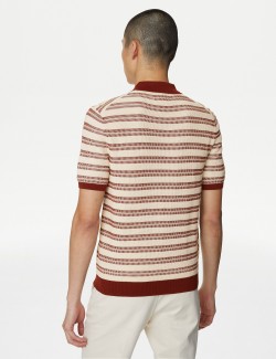 Pure Cotton Textured Striped Knitted Polo Shirt