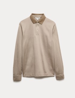 Pure Cotton Textured Long Sleeve Polo Shirt