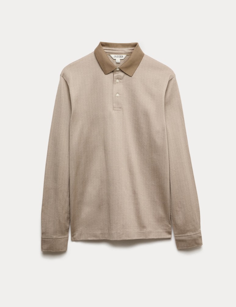 Pure Cotton Textured Long Sleeve Polo Shirt