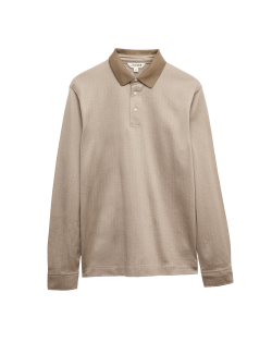 Pure Cotton Textured Long Sleeve Polo Shirt