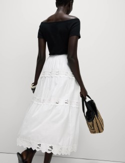 Pure Cotton Broderie Midi Tiered Skirt