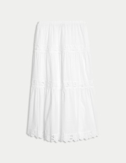 Pure Cotton Broderie Midi Tiered Skirt