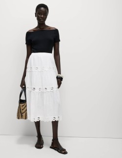 Pure Cotton Broderie Midi Tiered Skirt