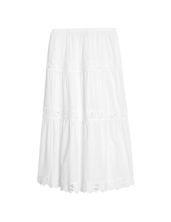 Pure Cotton Broderie Midi Tiered Skirt