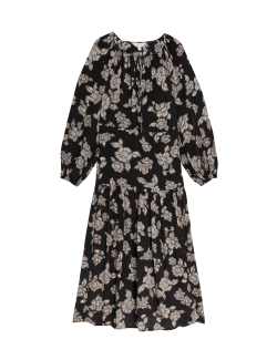 Krepové květované midaxi šaty se zvýrazněným pasem a vázáním u krku