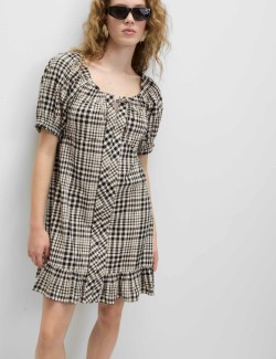 Kostkované volné mini šaty z čisté bavlny