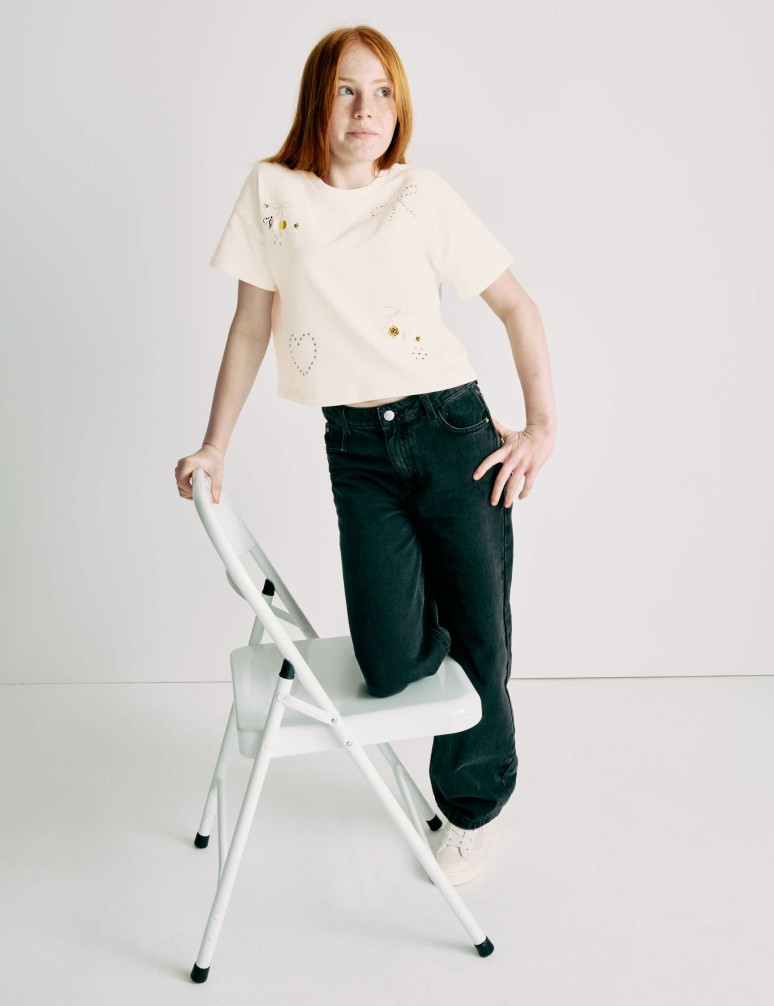 Pure Cotton Heart Embellished T-Shirt (6-16 Yrs)