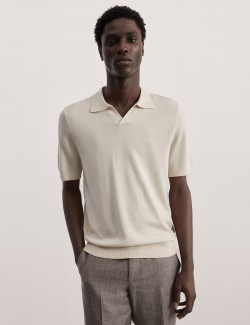 Merino Wool Rich Open Neck Knitted Polo Shirt with Silk