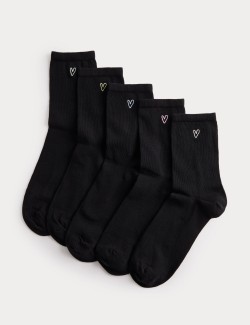 5 Pack Cotton Rich Embroidered Ankle High Socks