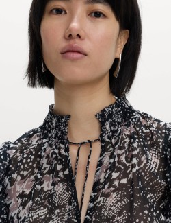 Printed Sparkly Tie Neck Ruffle Blouse