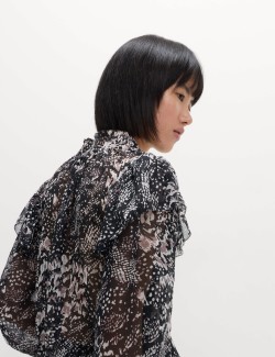 Printed Sparkly Tie Neck Ruffle Blouse