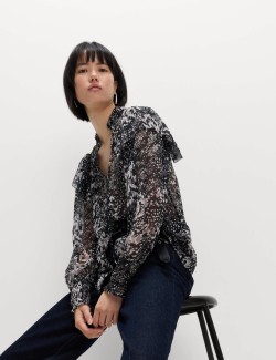 Printed Sparkly Tie Neck Ruffle Blouse