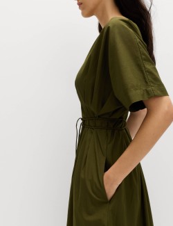 Pure Cotton V-Neck Midi Waisted Dress