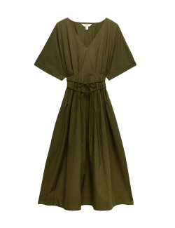 Pure Cotton V-Neck Midi Waisted Dress