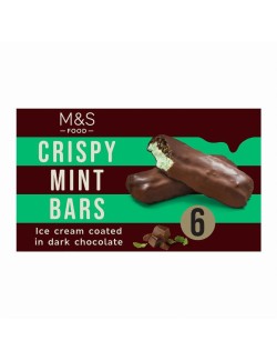 Zmrzlinové tyčinky s mátovou příchutí, s kakaovou polevou (31 %), čokoládovou omáčkou (8 %) a kousky cukru s mátovou příchutí (6