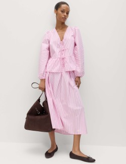 Pure Cotton Striped Tie Front Long Sleeve Blouse