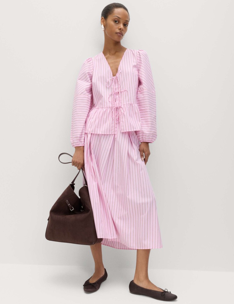 Pure Cotton Striped Tie Front Long Sleeve Blouse