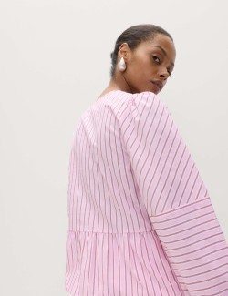 Pure Cotton Striped Tie Front Long Sleeve Blouse