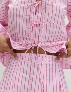Pure Cotton Striped Tie Front Long Sleeve Blouse