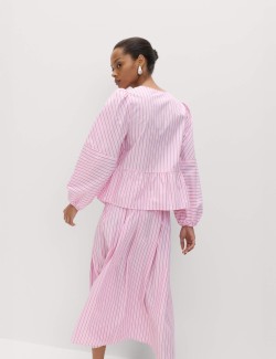 Pure Cotton Striped Tie Front Long Sleeve Blouse