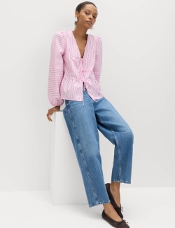 Pure Cotton Striped Tie Front Long Sleeve Blouse